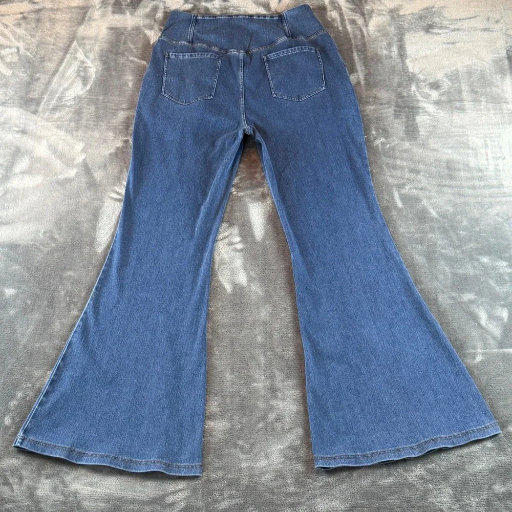 Halara Women Crossover Waist Flare Jeans Medium Wash Pull‎ On Size L High Rise